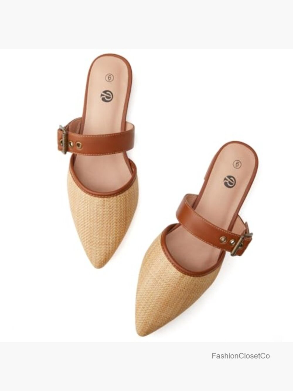 Natural Raffia Woven Pointed Toe Mule Flats with Adjustable Buckle - Picture 5 of 7